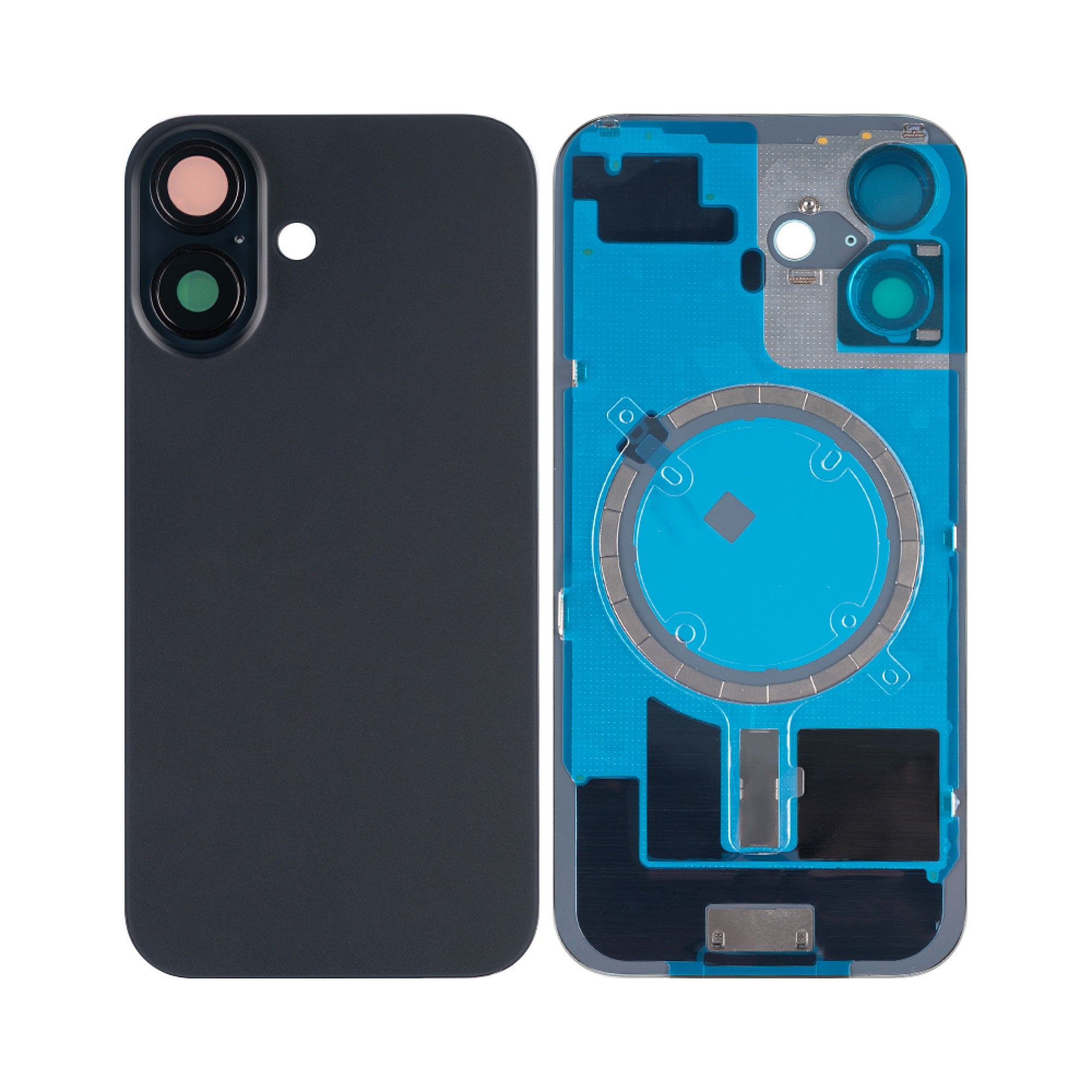 Vitre arrière iPhone 16 Noir sans NFC, cadre caméra agrandi